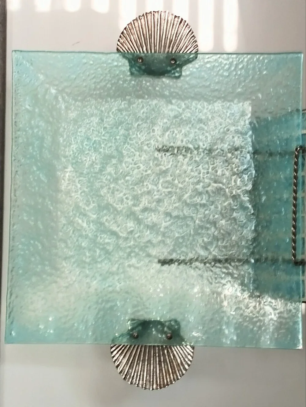 Like New Aqua Tempered Square Glass Serving/Display Tray w/ Silver Shell Handles